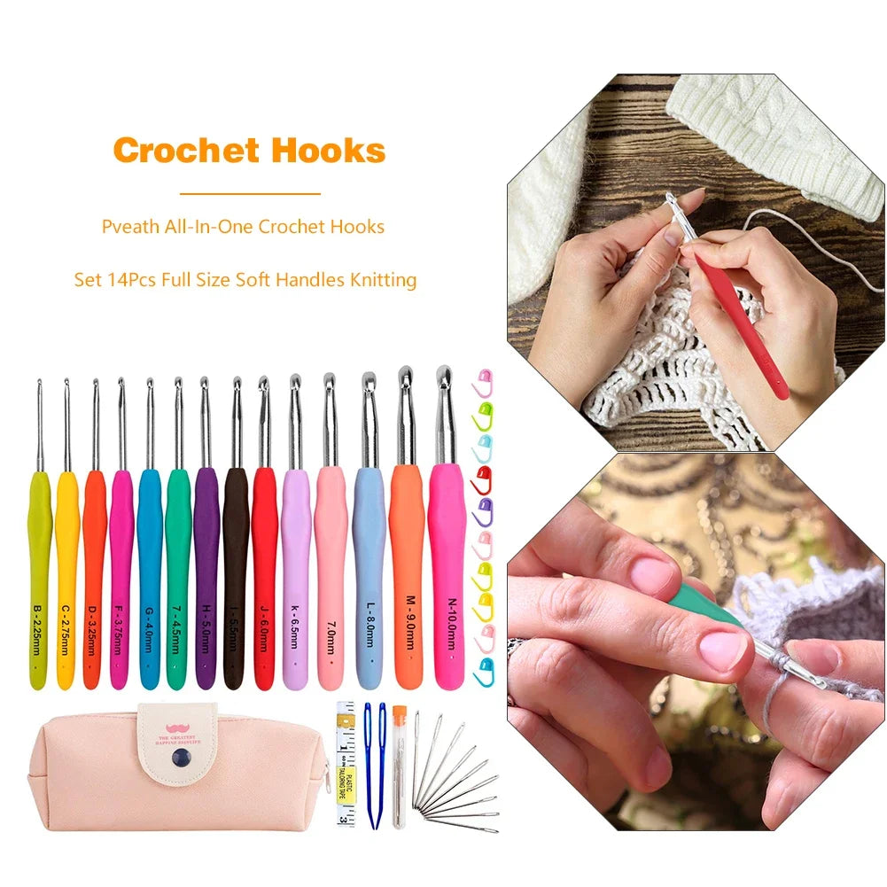15PCS Crochet Hooks Kit 2.0mm to 8.0mm Aluminum Crochet Needles Set with Storage Bag Yarn Weave Knitting Needle DIY Weaving Tool